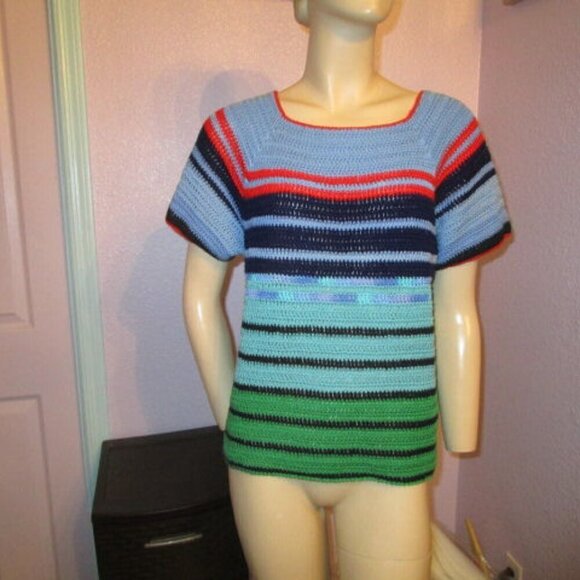 Vtg Hand Knit Sweater Size M Rainbow Stripe Pullover Short Sleeves Boho Hippie - Picture 1 of 7